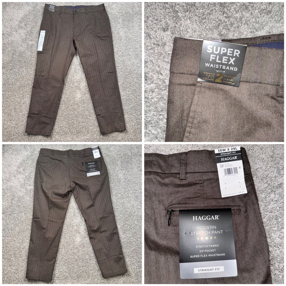 Haggar Modern Stretch Pant Mens Herringbone Stretch Brown 38x29 NEW